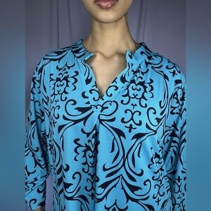 Bepei Aqua Blue & Black Paisley Blouse Womens Size XXL Collared Damask Formal
